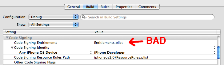 Bad Code Signing Settings