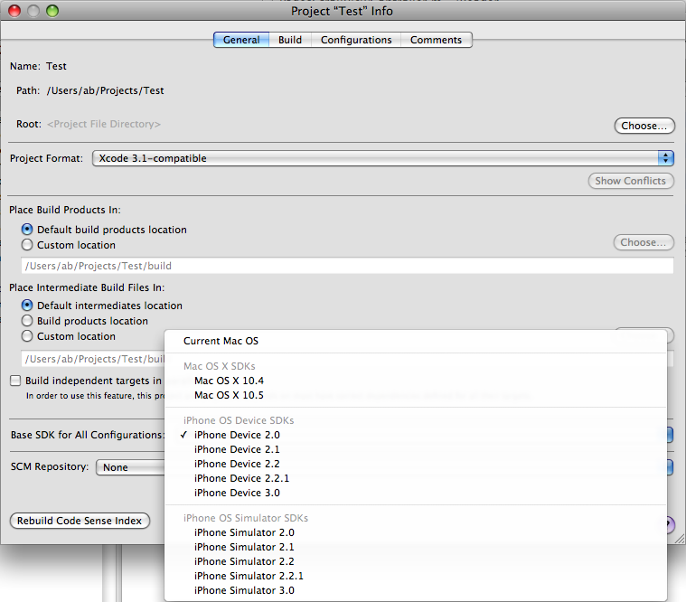 Xcode 3.1.3 Select Active iPhone SDK
